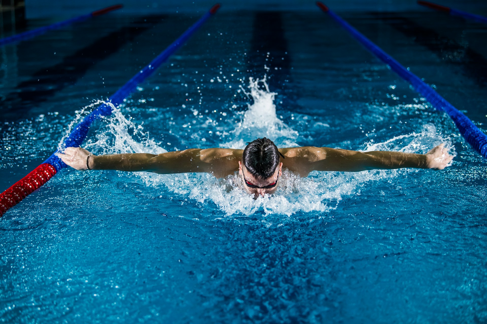 Swimmer performing butterfly stroke in an indoor pool between lane lines